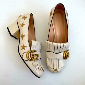 Gucci Mystic white Bee star embroidered GG fringe marmot loafer 36